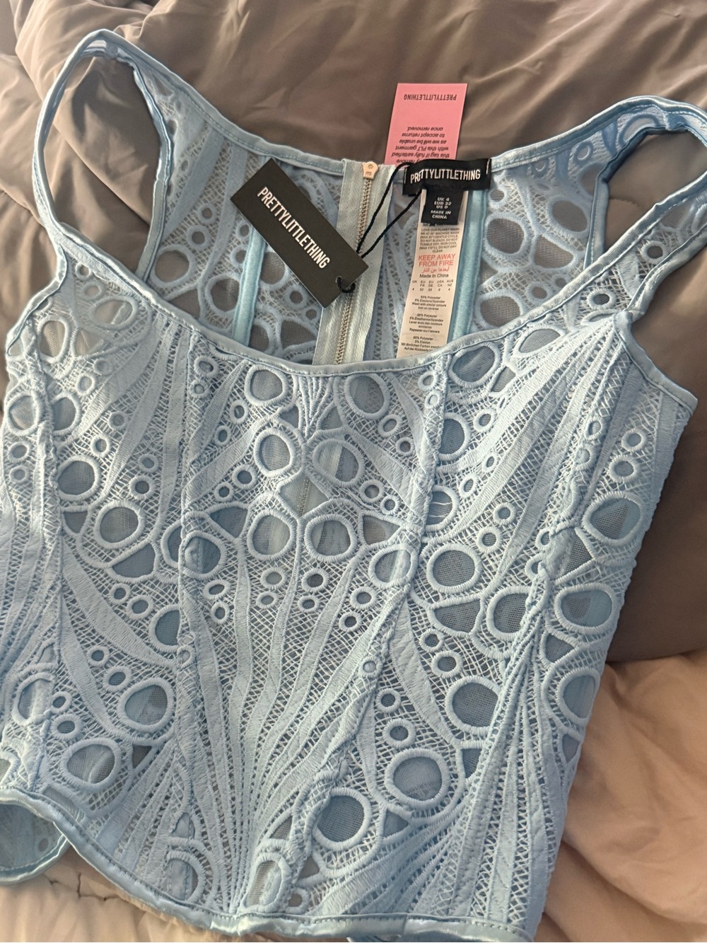 PrettyLittleThing Powder Blue Lace Cutout Corset Top